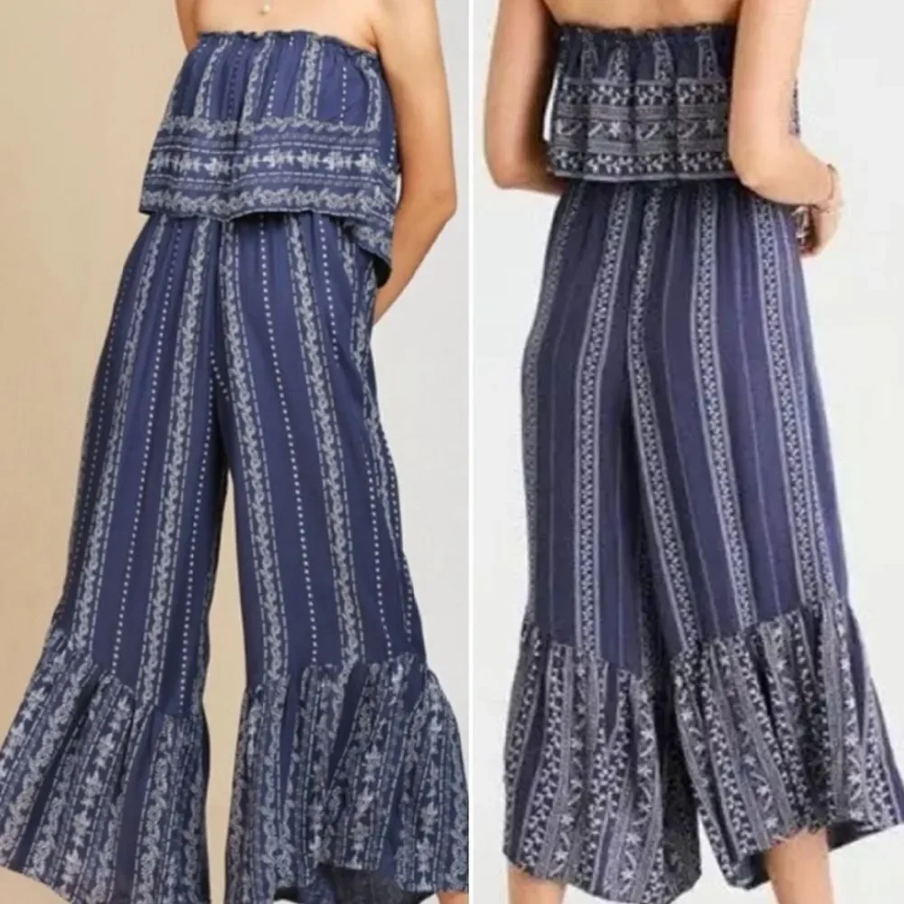 Japna Blue Striped Strapless Ruffle Top Boho‎ Crop Flare Jumpsuit Large